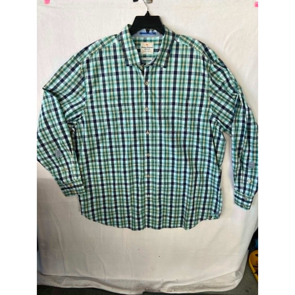 Tommy Bahama Jeans Mens XXL Island Modern Fit Plaid Button Down Shirt Green Blue